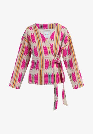 Farverig wrapped top med et lyst beige stof med pink, orange og teal geometriske mønstre, lange ærmer og en sidesløjfe.