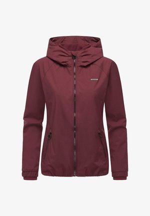 Bordeaux rode lichtgewicht jas met kap, voorzien van een rits aan de voorkant, zijzakken en elastische manchetten. Glad stof met een minimalistisch ontwerp.