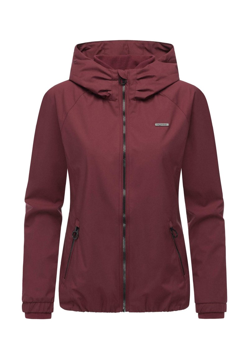 Vinrød lettvektsjakke med hette, som har glidelås foran, sidelommer og elastiske mansjetter. Glatt stoff med et minimalistisk design.