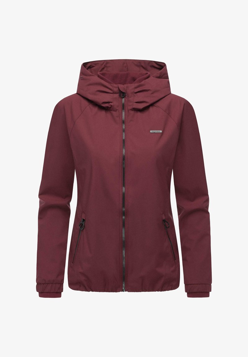 Lekka bordowa kurtka z kapturem, zapinana z przodu na zamek, z bocznymi kieszeniami i elastycznymi mankietami. Gładka tkanina o minimalistycznym designie.