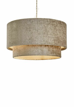 Two layered beige fabric drum pendant lamp hanging from a twisted cord, glowing softly from inside.