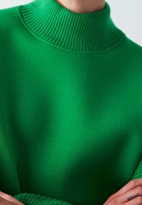 Suéter verde con un alto cuello de canalé, hecho de una tela suave. Presenta un acabado verde texturizado en el dobladillo y un ajuste ceñido alrededor del cuello.