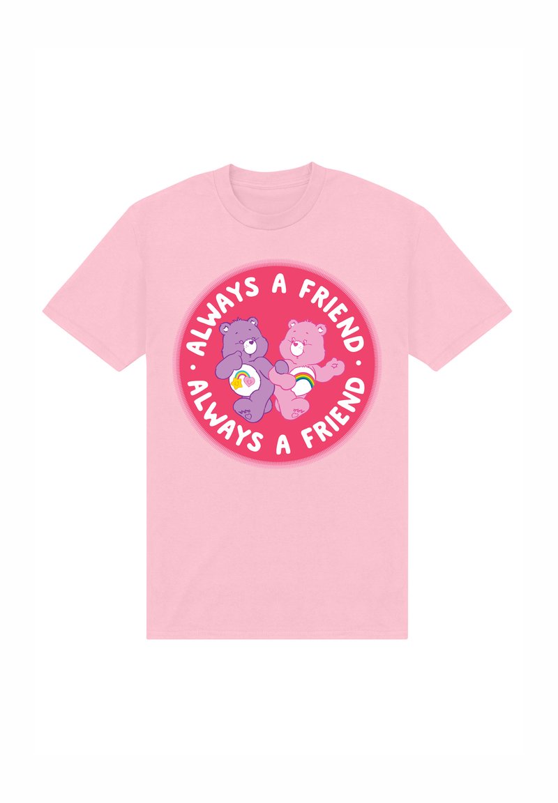 Ljusrosa t-shirt med en rund grafik som föreställer två tecknade björnar, en lila och en rosa, samt texten "ALLTID EN VÄN" i vitt.