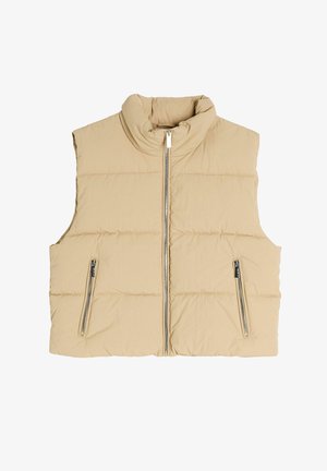 Beżowa ocieplana kamizelka bez rękawów z wysokim kołnierzem, z dwoma przednimi kieszeniami na zamek i pikowaną teksturą. Zamek błyskawiczny z przodu.