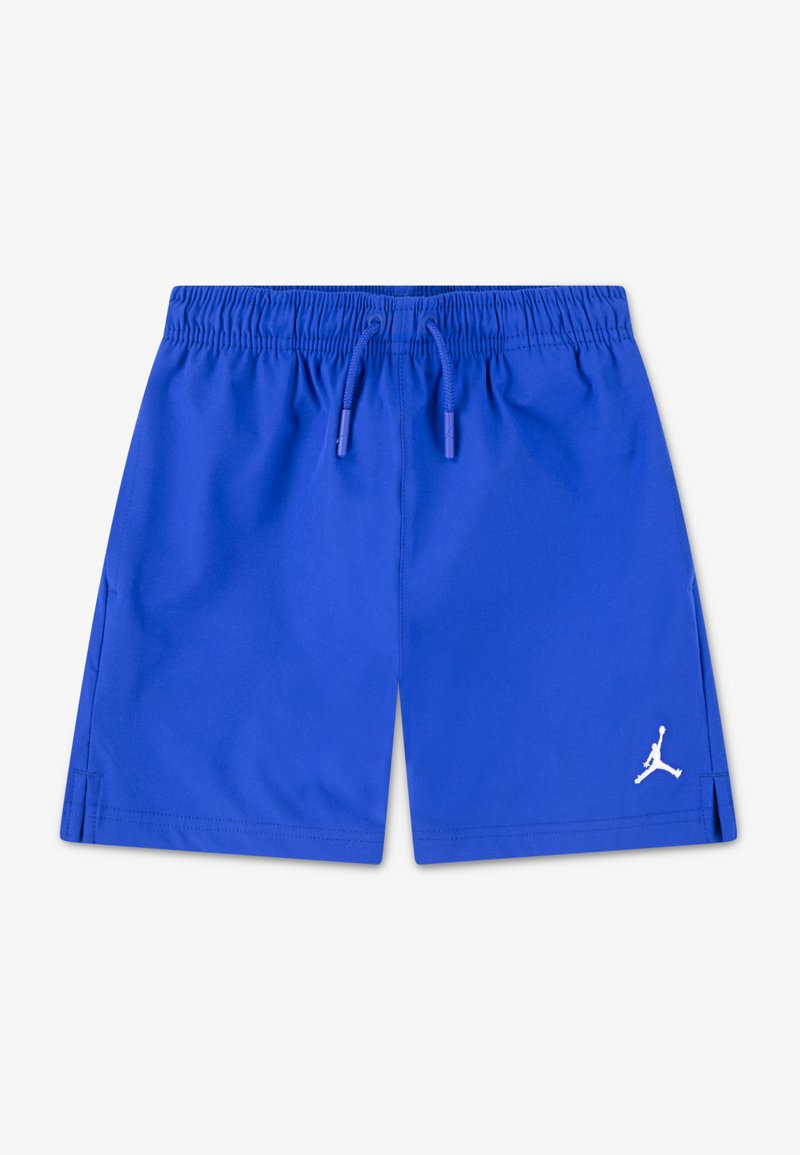 Shorts de sport bleus en matériau léger, avec une taille élastique et un cordon de serrage, et un accent logo blanc sur la jambe.