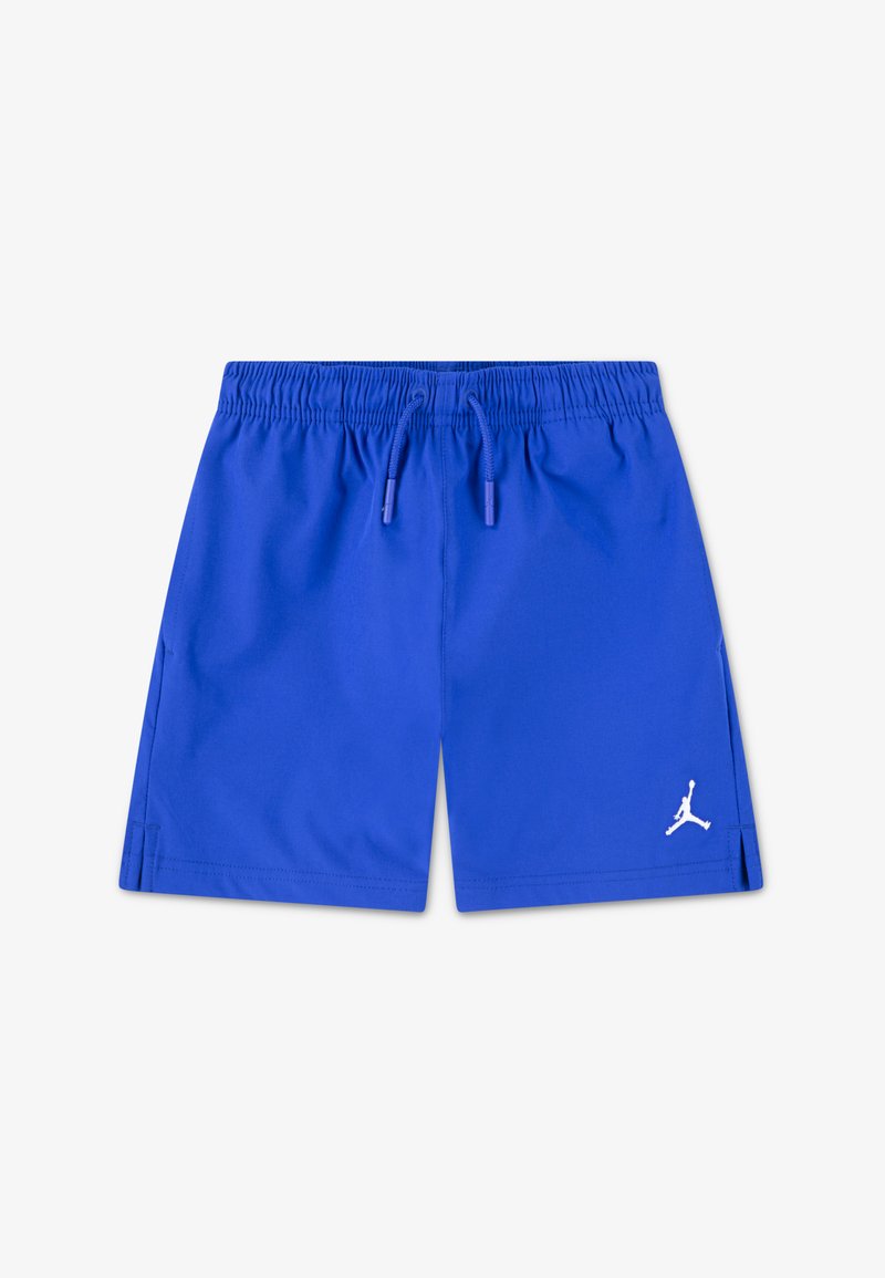 Blue athletic shorts made of lightweight material, featuring an elastic waistband with drawstring and a white logo accent on the leg.