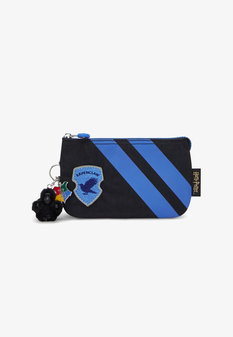 Black fabric pouch with blue diagonal stripes, Ravenclaw crest, and a black gorilla keychain. Zipper closure, compact design for accessories.