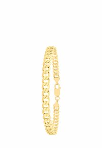 Bracelet en chaîne dorée avec un design de maillons cubains plats et entrelacés, et une fermeture sécurisée à clip en forme de homard.