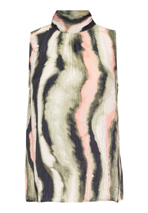 Sleeveless blouse with a high neck, featuring wavy stripes in green, black, and soft pink. Lightweight fabric with textured, fluid design.