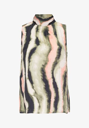 Mouwloze blouse met hoge hals, voorzien van golvende strepen in groen, zwart en zachtroze. Lichtgewicht stof met een gestructureerd, vloeiend ontwerp.