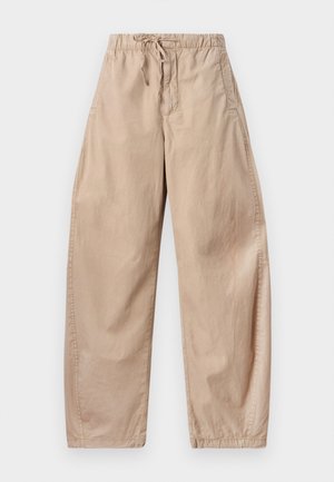 Beige Baumwoll-Hosen mit weitem Bein, einem elastischen Bund und Kordelzug, ausgestattet mit seitlichen Taschen und einer glatten, leichten Textur.