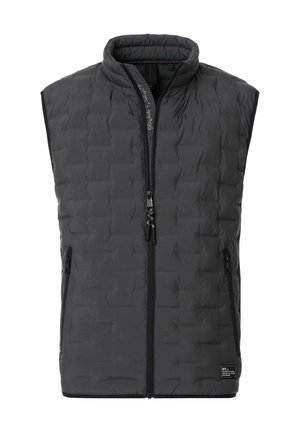 Czarna pikowana kamizelka bez rękawów z przednim zamkiem błyskawicznym, stojącym kołnierzem, bocznymi kieszeniami na zamek oraz małą metką na dolnym prawym brzegu.