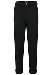 Zwarte broek van gladde stof, met een rechte snit, voorkruisen, een knoopsluiting en opgerolde cuffs bij de enkels.