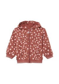 Bruine zip-up hoodie met een bloemenpatroon in roze en geel. Beschikt over een capuchon, lange mouwen en geribbelde manchetten. Maak van zacht katoen.