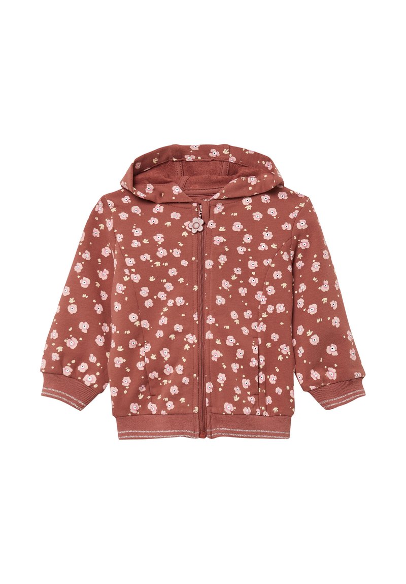 Bruine zip-up hoodie met een bloemenpatroon in roze en geel. Beschikt over een capuchon, lange mouwen en geribbelde manchetten. Maak van zacht katoen.