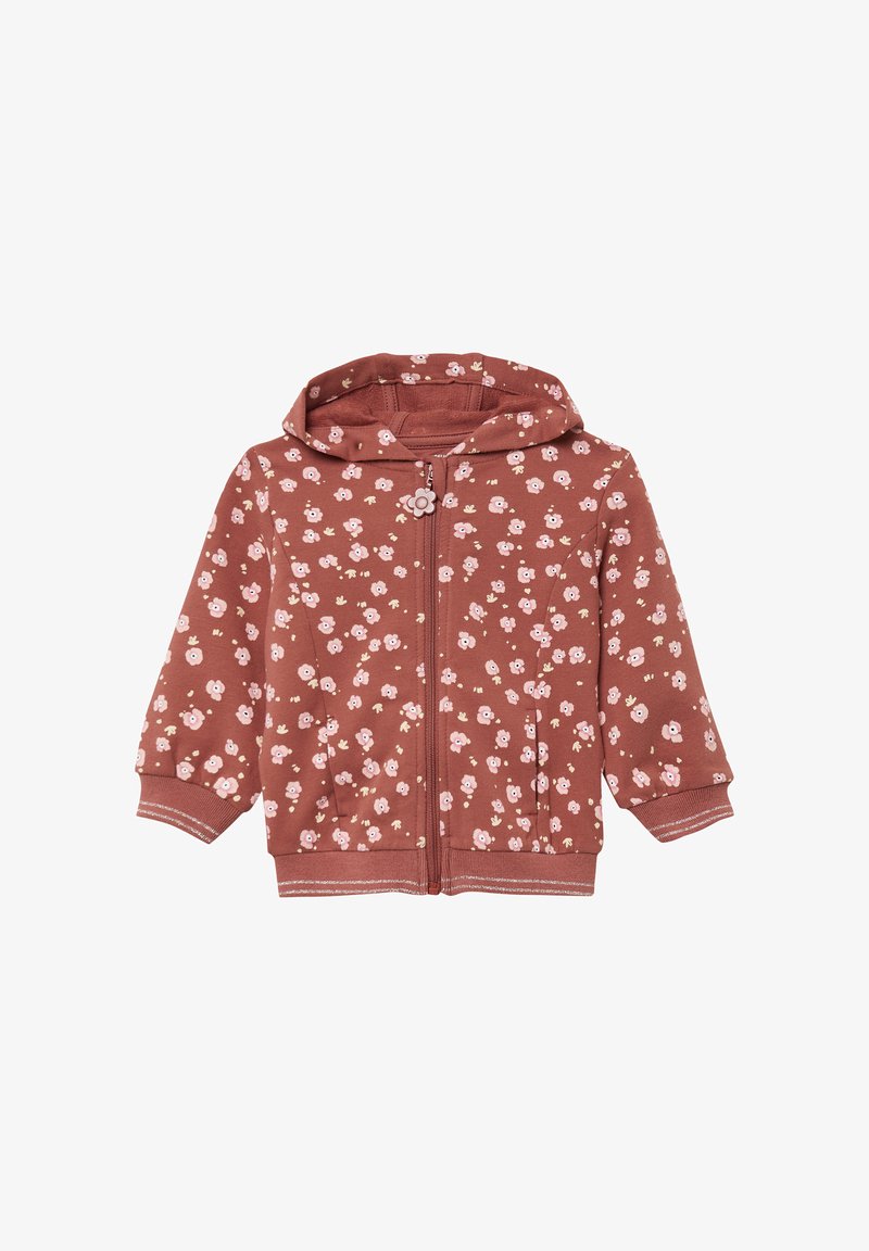 Felpa con zip marrone con un motivo floreale in rosa e giallo. Presenta un cappuccio, maniche lunghe e polsini a coste. Materiale in cotone morbido.