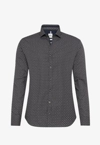 Langärmeliges Hemd in Marineblau mit geometrischem Muster, ausgestattet mit einem Button-Down-Kragen und vorderen Knöpfen. Hergestellt aus einem glatten Stoff.