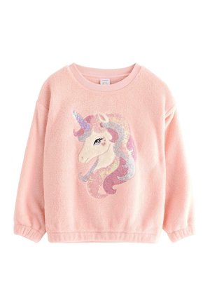 Lyserød langærmet blød sweatshirt med et paillet-pyntet enhjørningehoveddesign med pastelfarver og et regnbuehorn på forsiden.