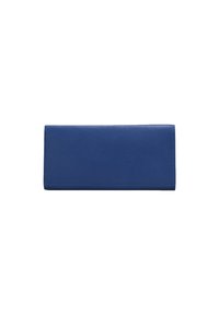 Billetera rectangular de cuero azul con costuras visibles, mostrada cerrada sobre un fondo blanco.