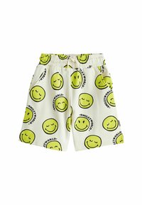 Białe szorty z wzorem dużych żółtych uśmiechniętych buziek oraz czarnym napisem "SMILEY WORLD". Elastyczny pas z troczkiem.