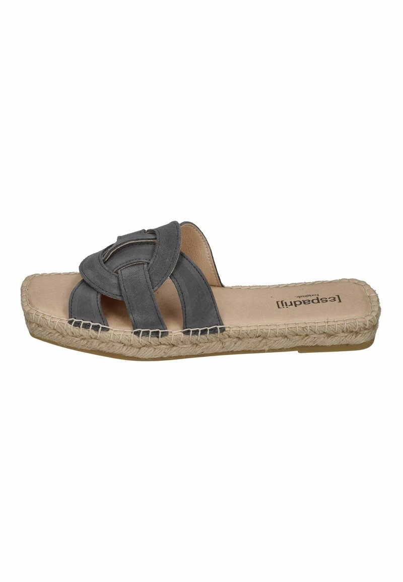 Grey suede slide sandal with woven jute sole; features a braided strap design and a smooth leather insole with brand logo.