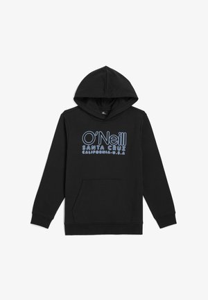 Sweatshirt preto com capuz e bolso frontal, com o texto azul "O'Neill Santa Cruz Califórnia E.U.A" no peito.