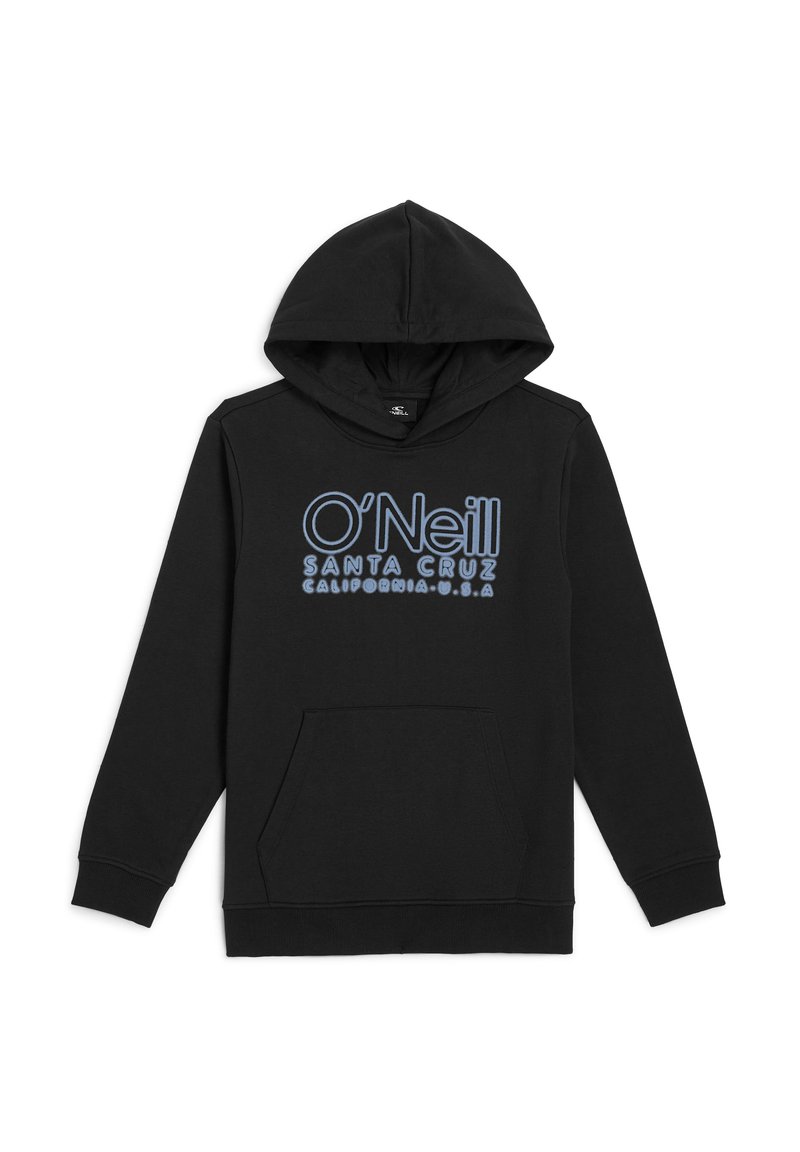 Felpa con cappuccio nera con tasca frontale e scritta blu "O'Neill Santa Cruz California U.S.A" sul petto.
