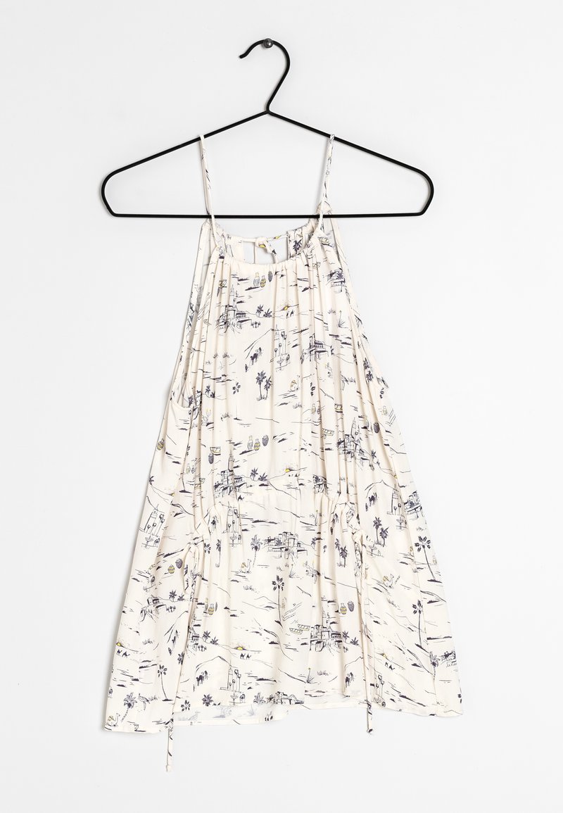 Lehký krémový top na ramínka s tenkými pásky a nařasenými detaily. Vlastnosti zahrnují námořnický skicový vzor krajin a palem.