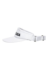 Gorra visera blanca con una correa ajustable, que presenta una amplia visera y texto negro bordado en el frente. Textura de tela suave.