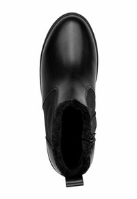 Schwarze Leder-Ankle-Boots mit glatter Oberfläche, runder Zehenpartie und einem flauschigen Innenfutter, ausgestattet mit einem seitlichen Reißverschluss und einer Schlaufe für ein einfaches An- und Ausziehen.