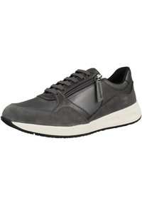 Gray lace-up sneaker made of smooth leather and suede, featuring a side zipper, white midsole, and textured black outsole.