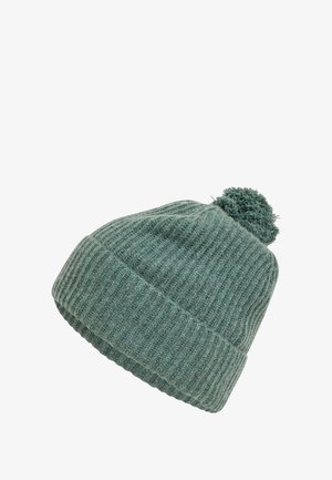 Gerippte Strickmütze aus weichem grünen Wollmaterial, mit umgeschlagenem Bund und einem Pompon oben für zusätzliche Details.