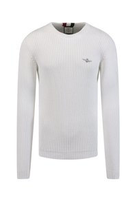 Maglione bianco lavorato a maglia con scollo rotondo. Presenta polsini e orlo a costine. Piccolo logo ricamato sul lato sinistro del petto. Tessuto testurizzato.