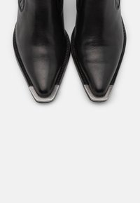 Stivali ankle in pelle nera con punta affusolata, caratterizzati da un accento metallico sulla punta, texture liscia e ritagli laterali per un dettaglio di design.