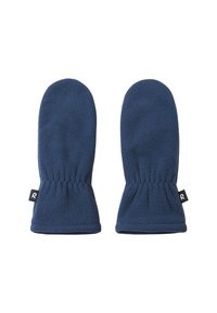 Marineblaue Fleece-Handschuhe mit elastischem Handgelenk, runden Spitzen und einem Etikett mit einem Logo am Handgelenk. Sanfter, warmer Stoff.