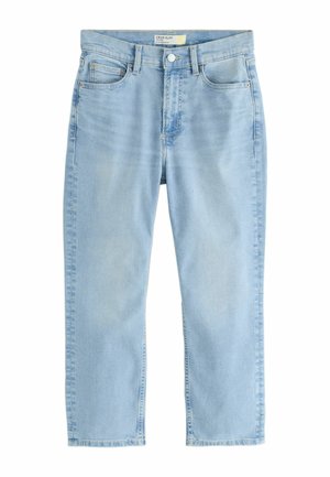 Light blue cropped slim-fit jeans with front button, zipper, belt loops, and five-pocket design, displayed flat on a white background.