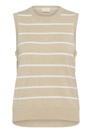 Bežový bezrukávový top s vodorovnými bílými pruhy. Vyroben z pleteniny, má kulatý výstřih a žebrované akcenty na spodním lemu a v otvorech pro ruce.