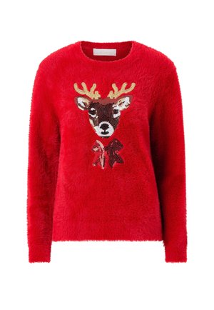 Rode, pluizige trui met een geborduurd rendierontwerp met pailletten, een ronde hals en lange mouwen. De trui heeft een zachte textuur.
