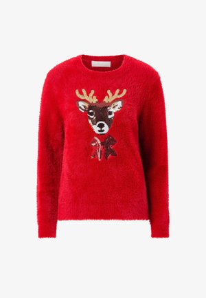 Red fuzzy sweater featuring an embroidered reindeer design with sequins, a round neck, and long sleeves. Soft texture throughout.