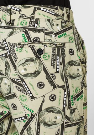 Cotton pants featuring an all-over print of stylized dollar bills in green, black, and beige, with two front pockets and a button closure.