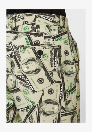 Cotton pants featuring an all-over print of stylized dollar bills in green, black, and beige, with two front pockets and a button closure.