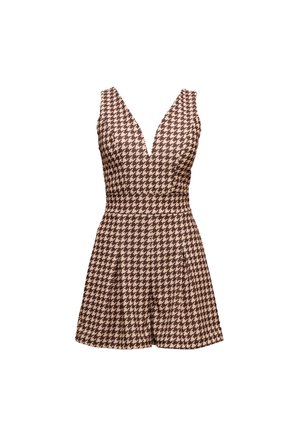 Brown and beige houndstooth print romper with a deep V-neck, sleeveless design, cinched waist, and pleated shorts.