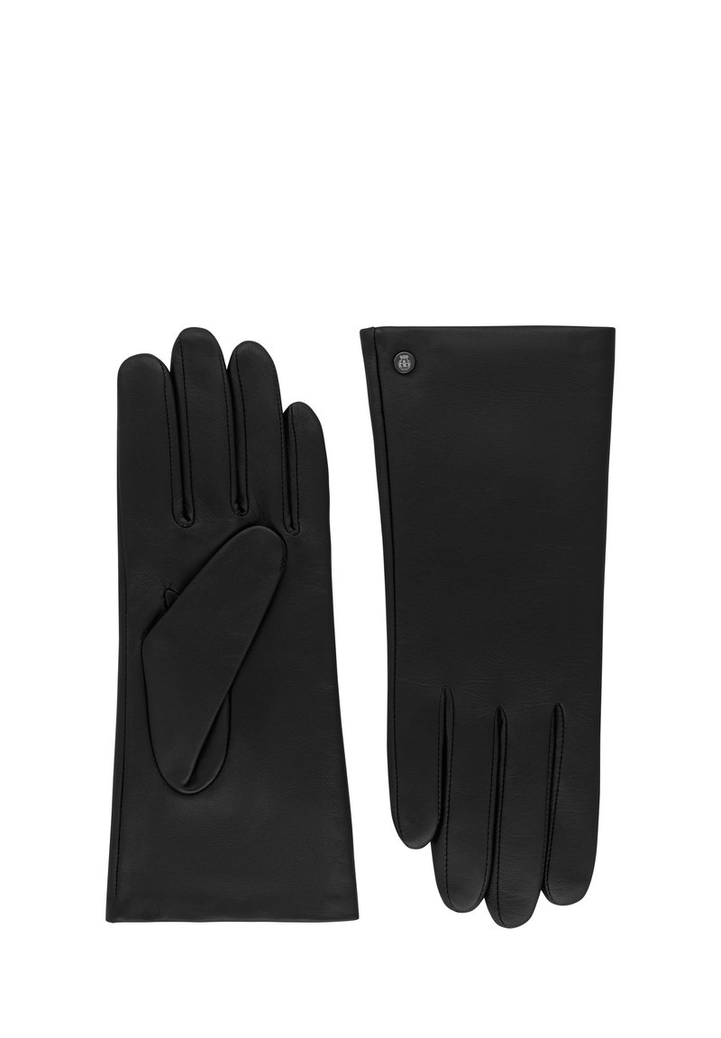 Guanti in pelle nera con una texture liscia, design aderente e un accento di bottone sul polsino. Composti da cinque dita con una silhouette elegante.