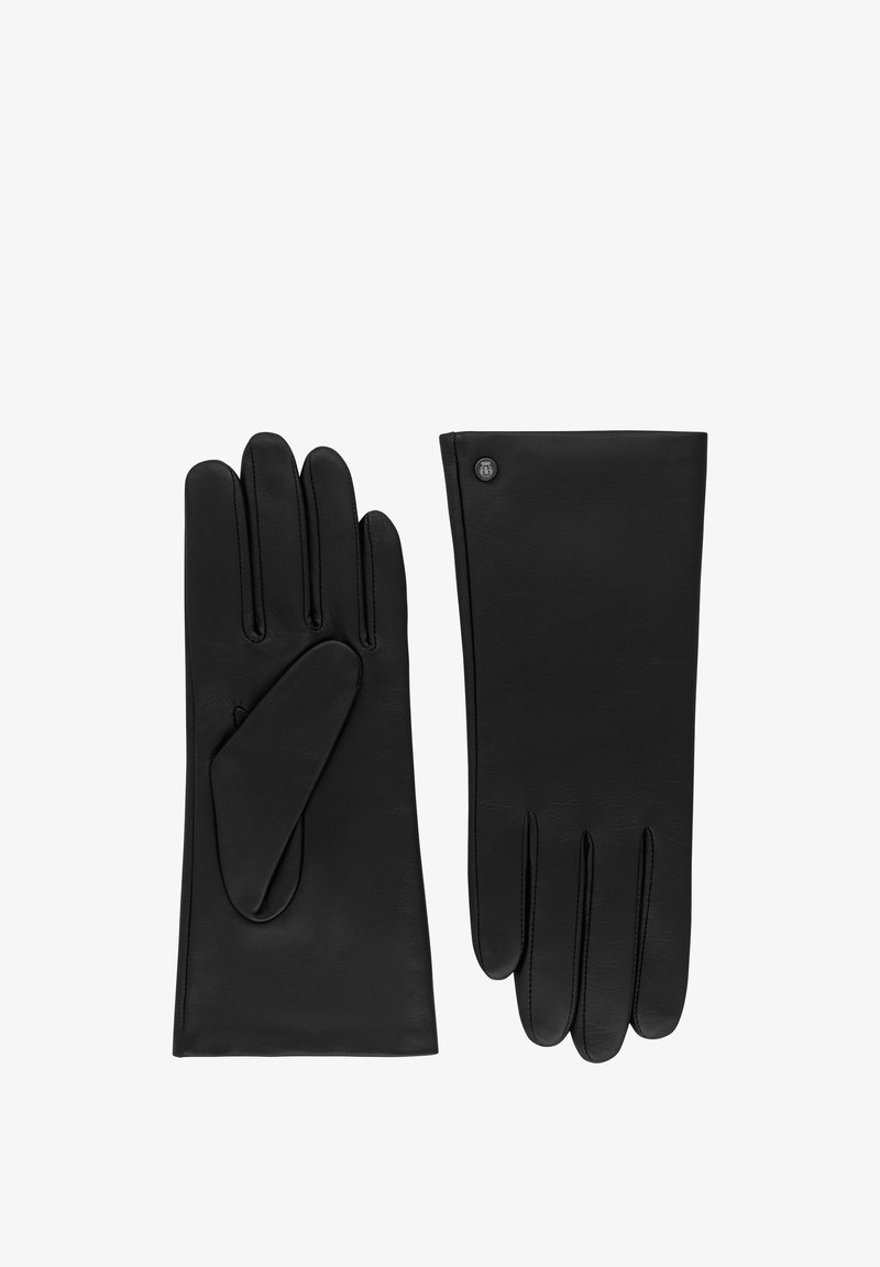 Zwarte leren handschoenen met een gladde textuur, nauwsluitend ontwerp en een knoopaccent op de manchette. Bestaat uit vijf vingers met een strakke silhouet.