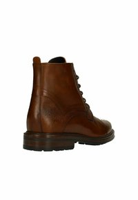 Bruine leren enkellaarsjes met een combinatie van een textuur- en glanzende afwerking, ronde neus, vetersluiting en gedessineerde accenten aan de zijkanten.