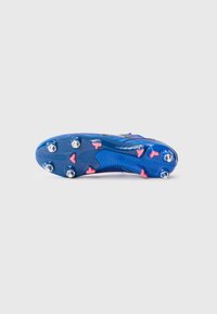 Blue soccer cleat with a textured surface, featuring metal studs and pink accents for traction. Sleek design, lightweight construction.