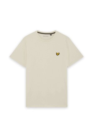 Beige T-shirt med korte ærmer og rund hals, med en lille gul og sort fuglelogo på venstre bryst.