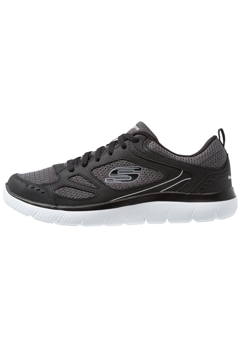 Black athletic shoes with a breathable mesh upper, white midsole, and subtle detailing. Features a lace-up design and contoured shape.