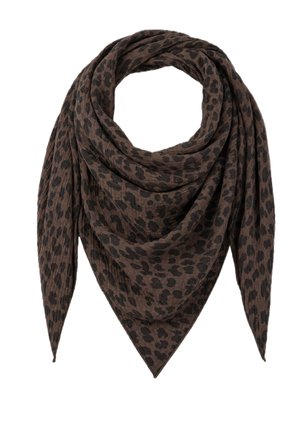 Braunes dreieckiges Tuch mit schwarzem Leopardenmuster, weichem Stoff und drapiertem Stil.
