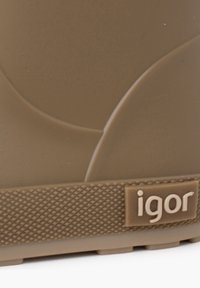 Chaussure en plastique marron avec un design lisse et arrondi, semelle texturée et une étiquette rectangulaire avec le logo "igor" en marron clair.